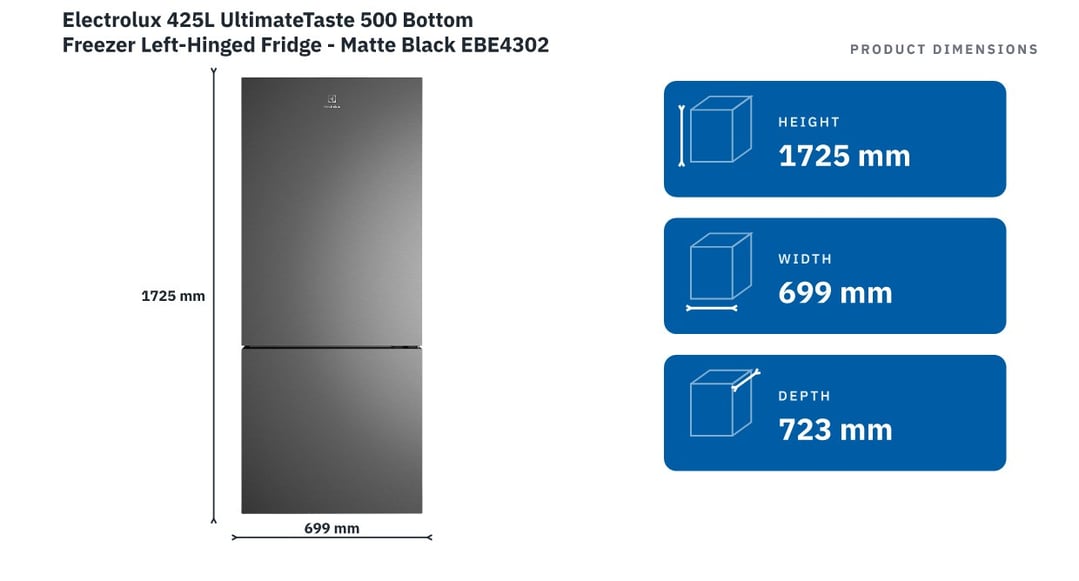 Electrolux 425L UltimateTaste 500 Bottom Freezer Left-Hinged Fridge - Matte Black EBE4302BD-L — product dimensions