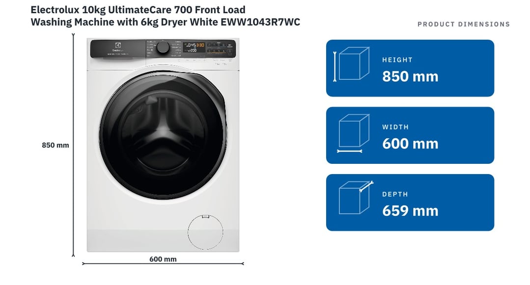 Electrolux 10kg UltimateCare 700 Front Load Washing Machine with 6kg Dryer White EWW1043R7WCS — product dimensions