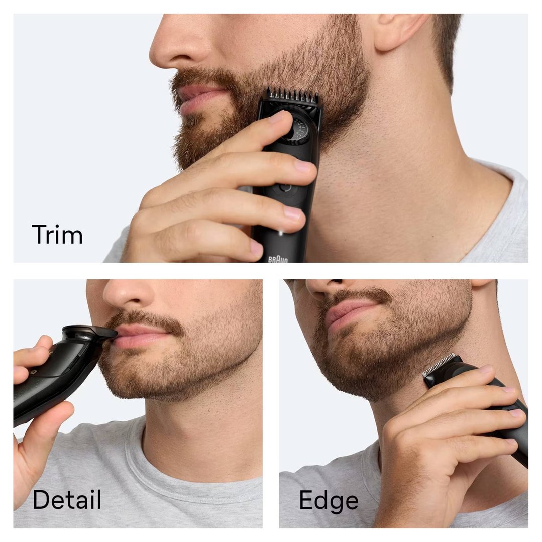 Man using a Braun Series 5 Beard Trimmer to trim, detail, and edge his beard