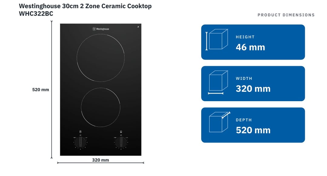 Westinghouse 30cm 2 Zone Ceramic Cooktop WHC322BC — product dimensions