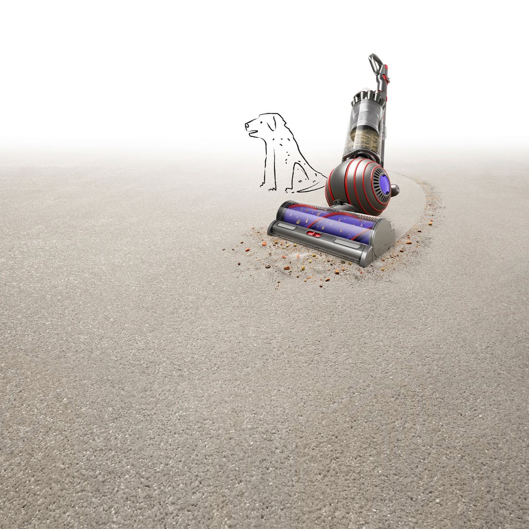Dyson Ball Animal Origin vacuum cleaner cleaning a carpet with a dog drawing