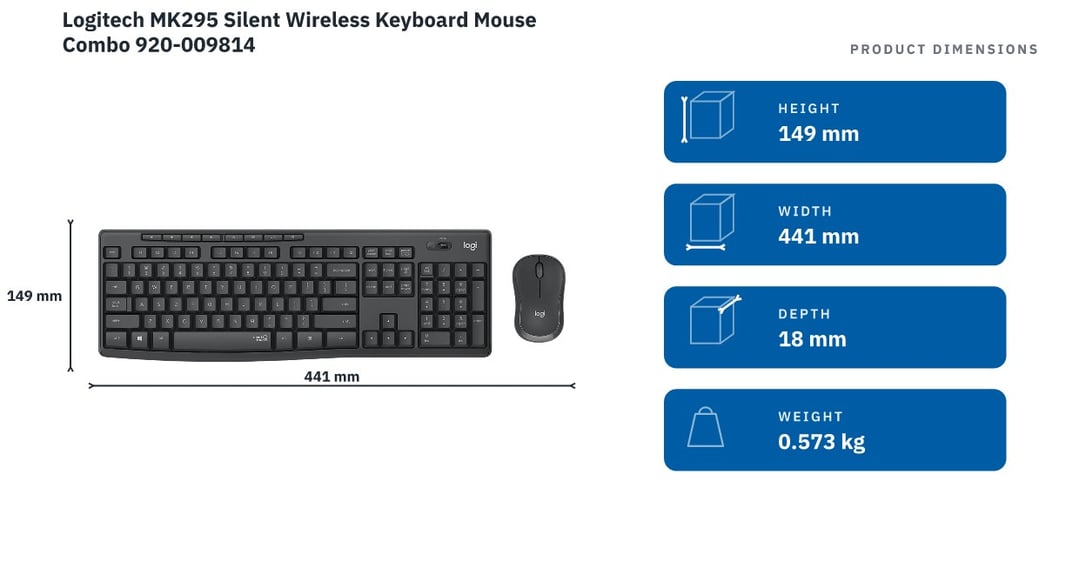 Logitech MK295 Silent Wireless Keyboard Mouse Combo 920-009814 — product dimensions