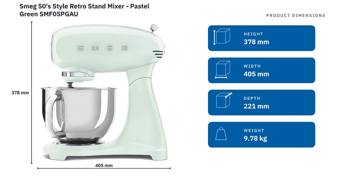 Smeg 50's Style Retro Stand Mixer - Pastel Green SMF05PGAU — product dimensions