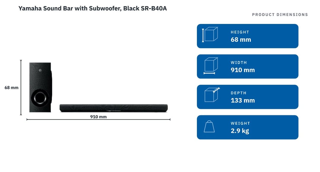 Yamaha Sound Bar with Subwoofer, Black SR-B40A — product dimensions