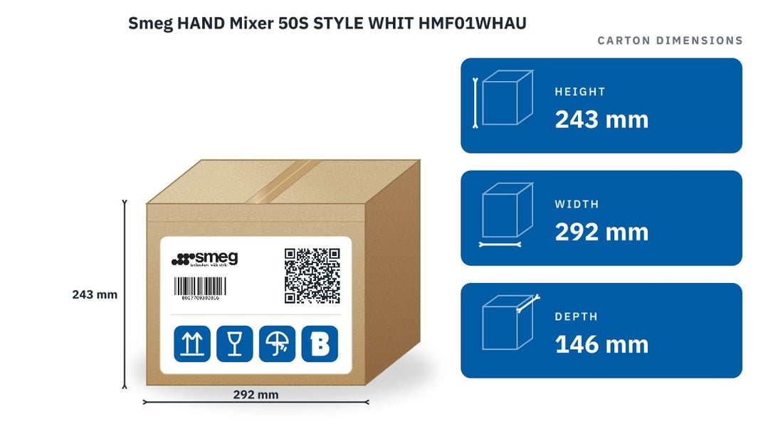 Smeg HAND Mixer 50S STYLE WHIT HMF01WHAU — packaged dimensions