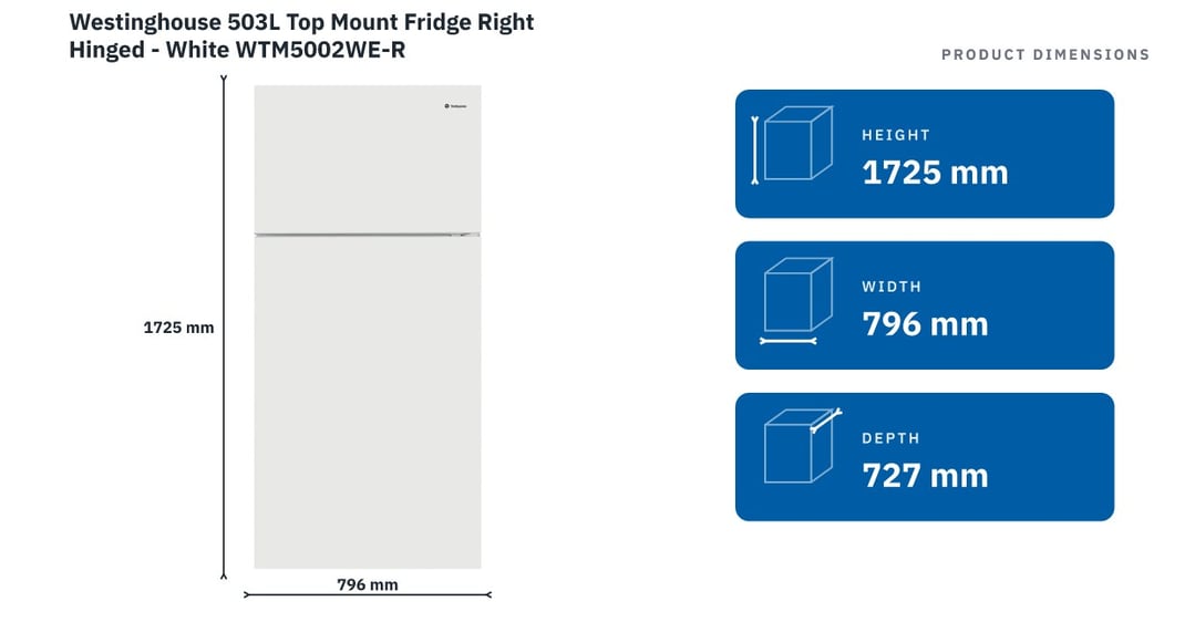 Westinghouse 503L Top Mount Fridge Right Hinged - White WTM5002WE-R — product dimensions