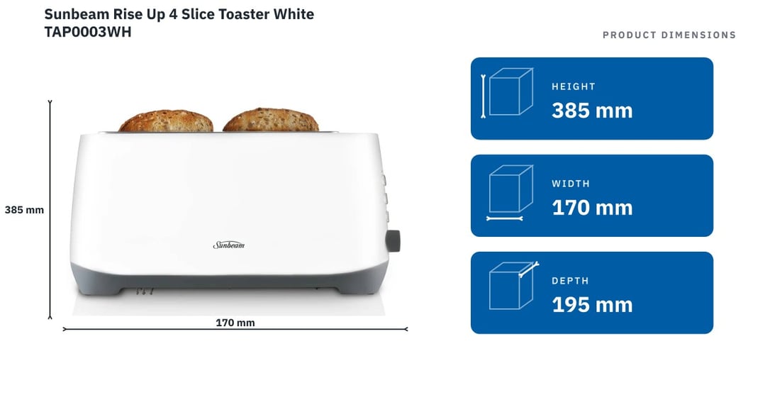 Sunbeam Rise Up 4 Slice Toaster White TAP0003WH — product dimensions
