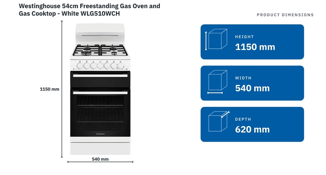 Westinghouse 54cm Freestanding Gas Oven and Gas Cooktop - White WLG510WCH