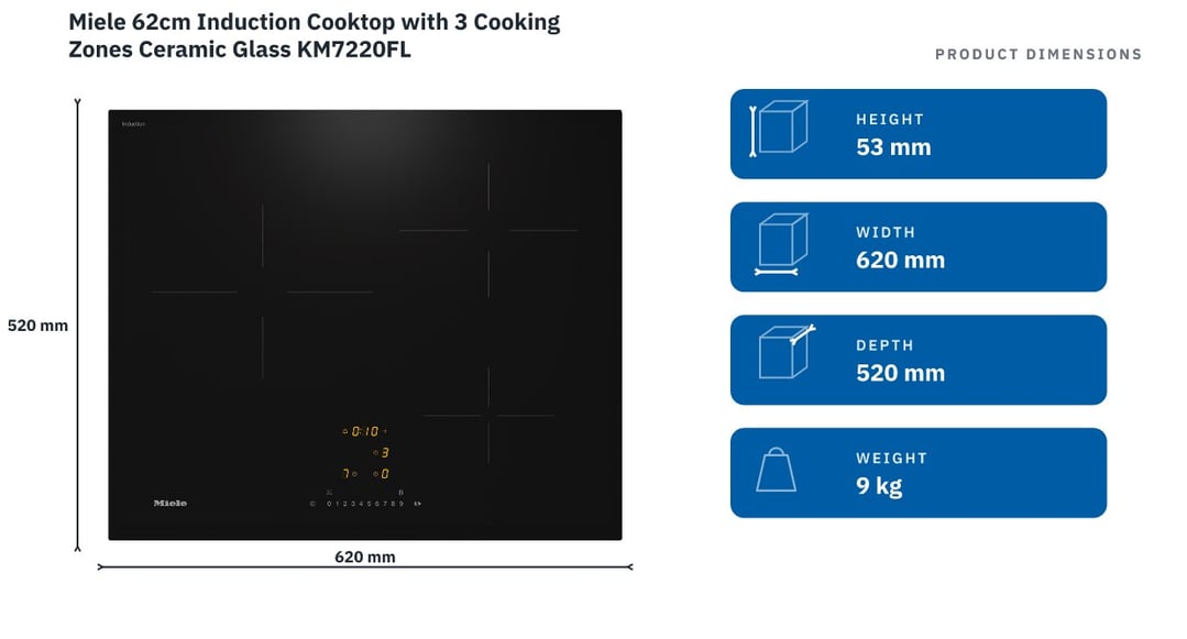 Miele 62cm Induction Cooktop with 3 Cooking Zones Ceramic Glass KM7220FL