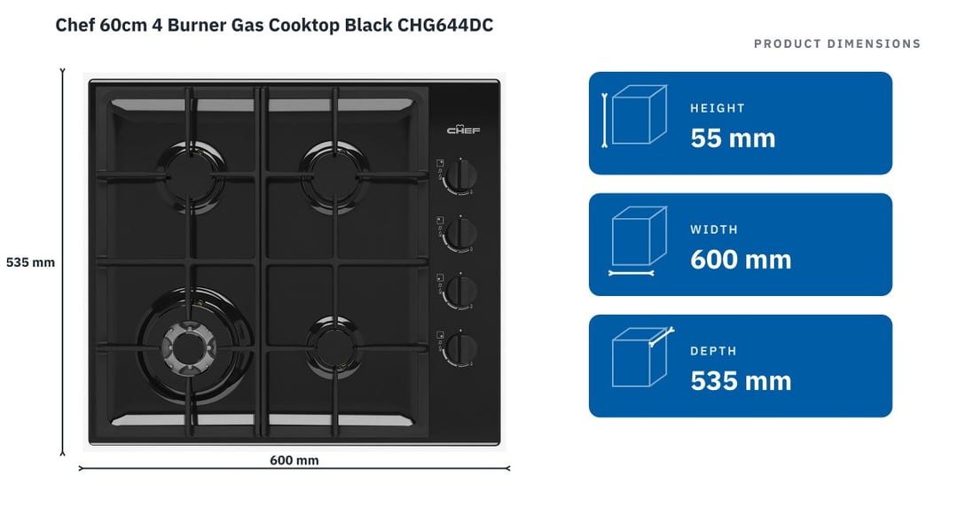 Chef 60cm 4 Burner Gas Cooktop Black CHG644DC — product dimensions