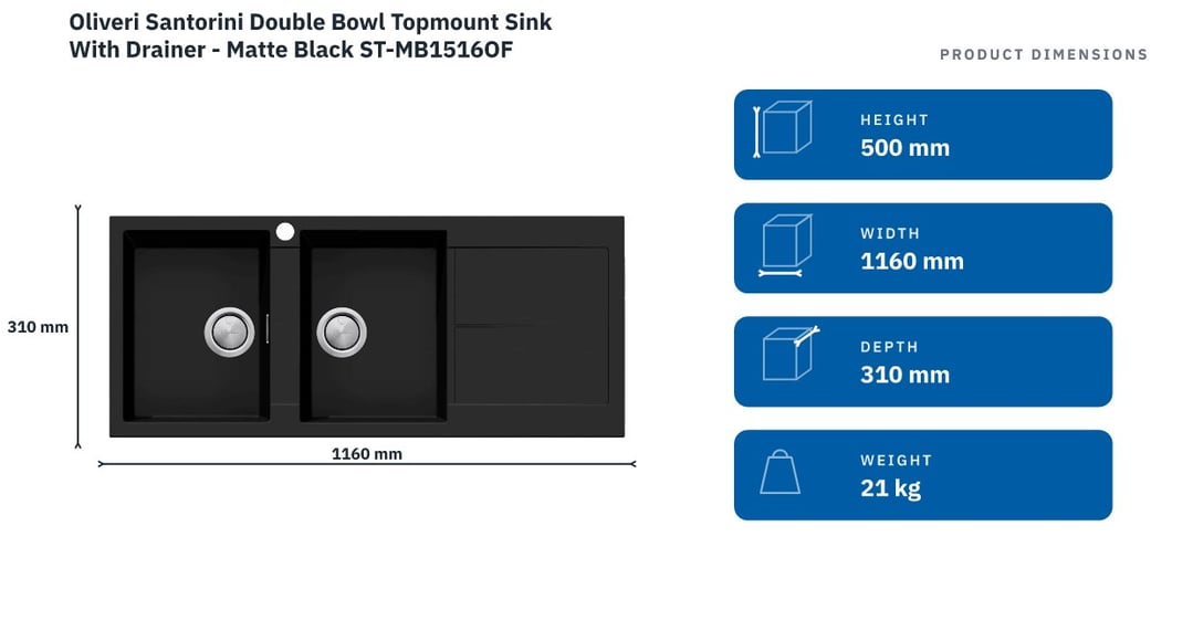 Oliveri Santorini Double Bowl Topmount Sink With Drainer - Matte Black ST-MB1516OF — product dimensions
