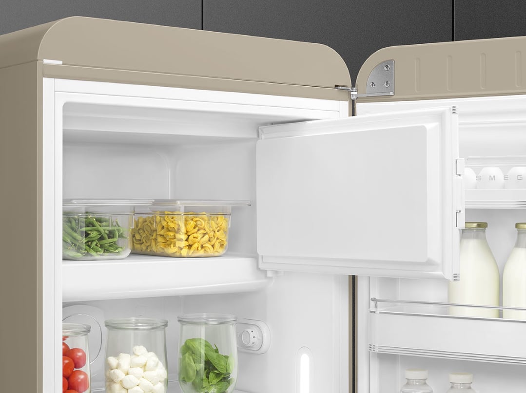 Open Smeg FAB 28 50’S Style Retro Refrigerator filled with food