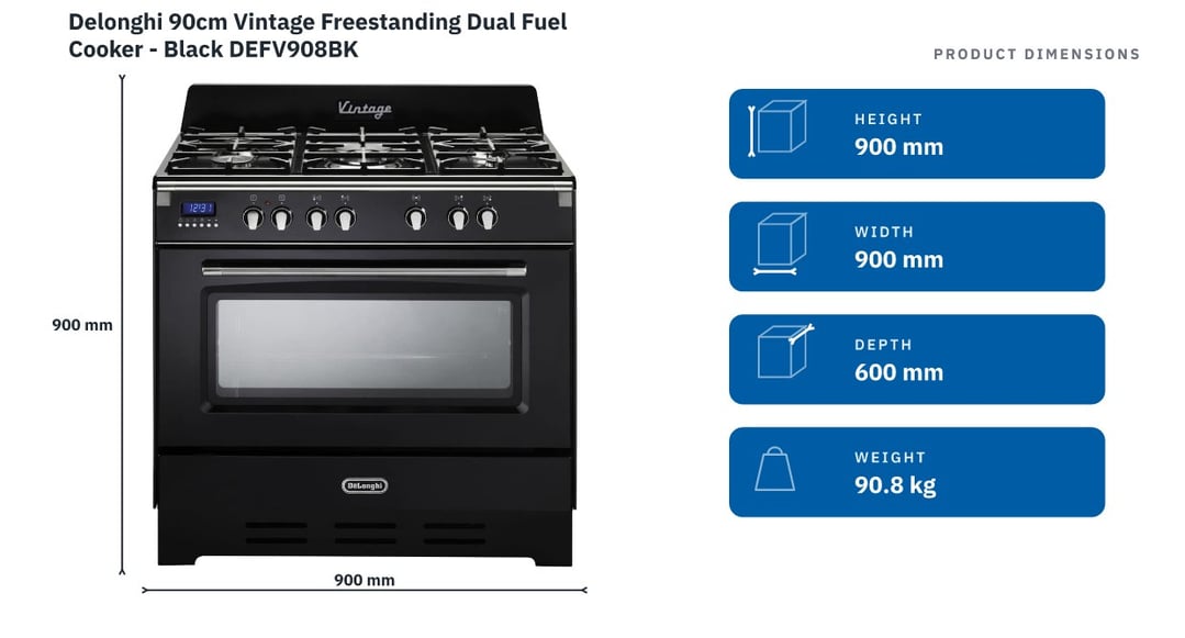 Delonghi 90cm Vintage Freestanding Dual Fuel Cooker - Black DEFV908BK