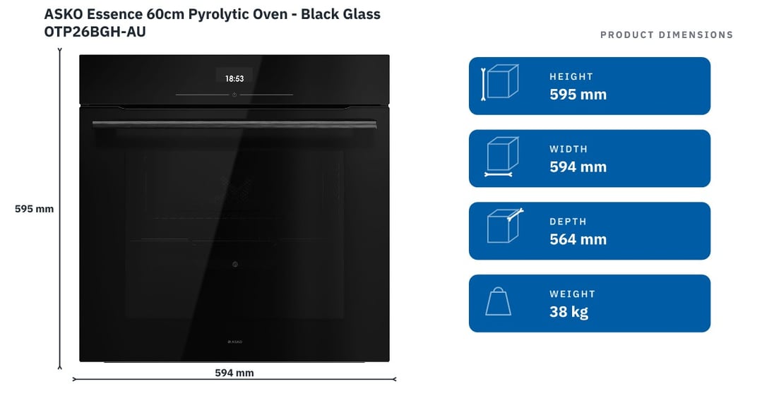 ASKO Essence 60cm Pyrolytic Oven - Black Glass OTP26BGH-AU — product dimensions