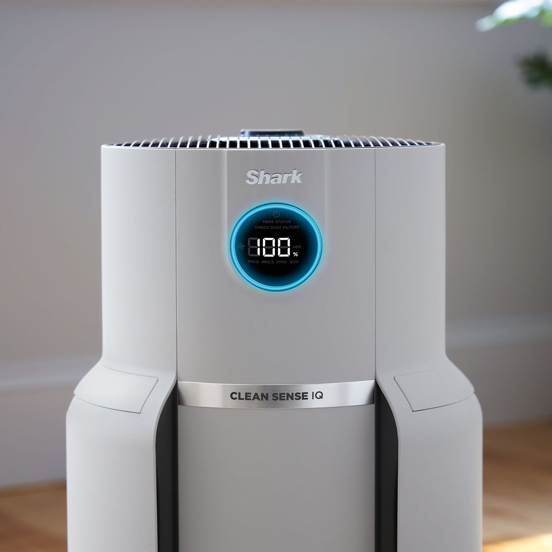 Shark air purifier with a digital display showing 100% filter life