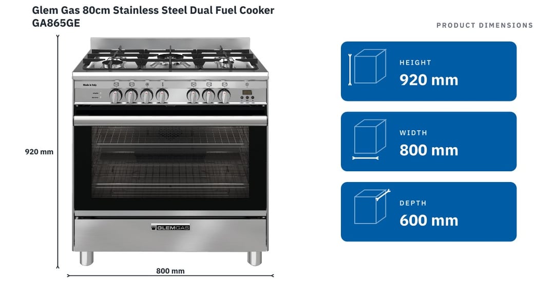 Glem Gas 80cm Stainless Steel Dual Fuel Cooker GA865GE — product dimensions