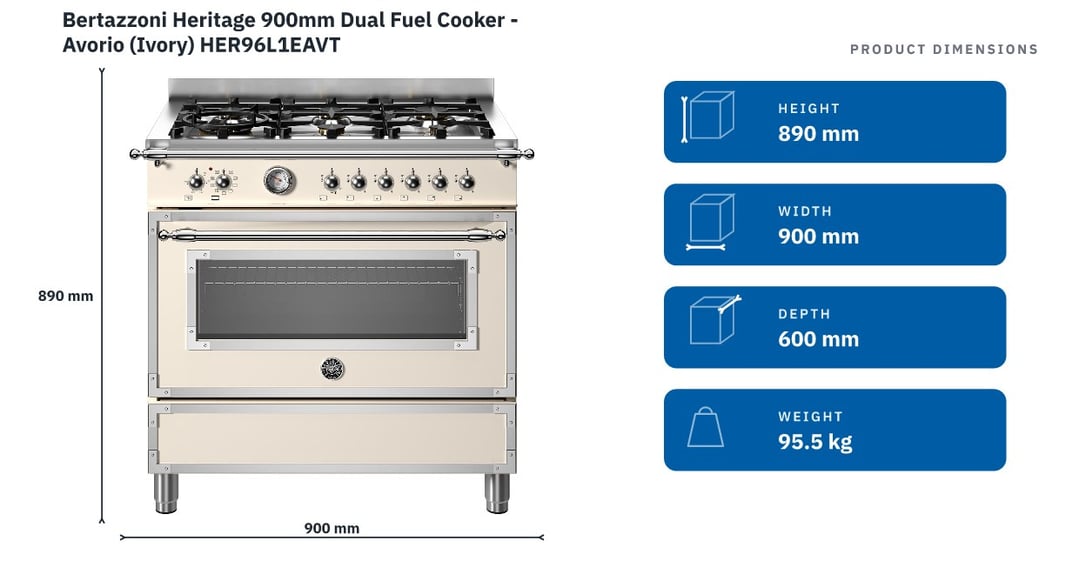 Bertazzoni Heritage 900mm Dual Fuel Cooker - Avorio (Ivory) HER96L1EAVT — product dimensions