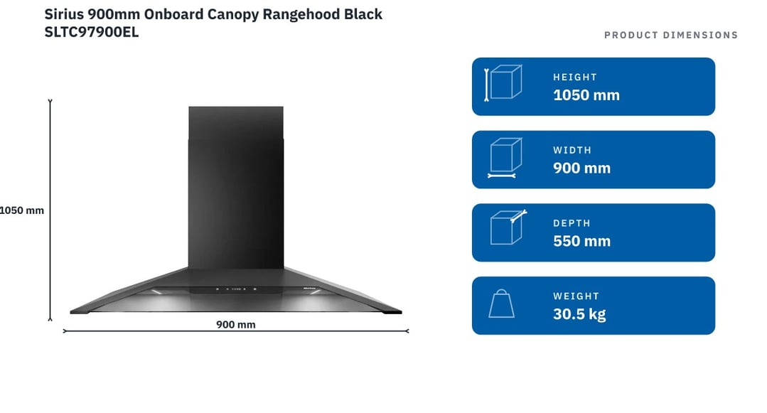 Sirius 900mm Onboard Canopy Rangehood Black SLTC97900EL — product dimensions