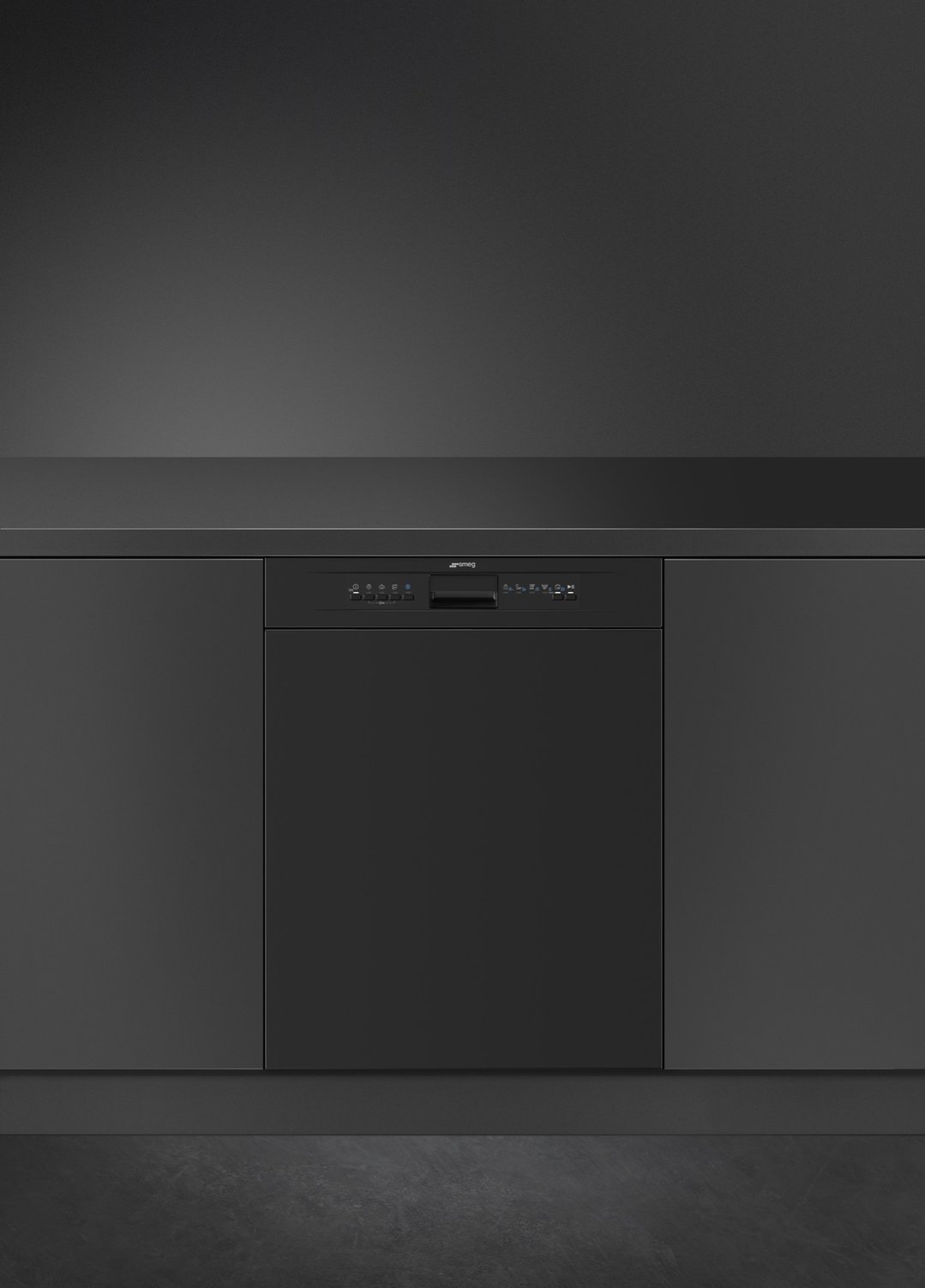Matte black dishwasher integrated into dark kitchen cabinetry with a dark countertop