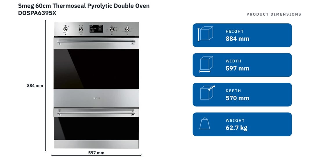 Smeg 60cm Thermoseal Pyrolytic Double Oven DOSPA6395X — product dimensions