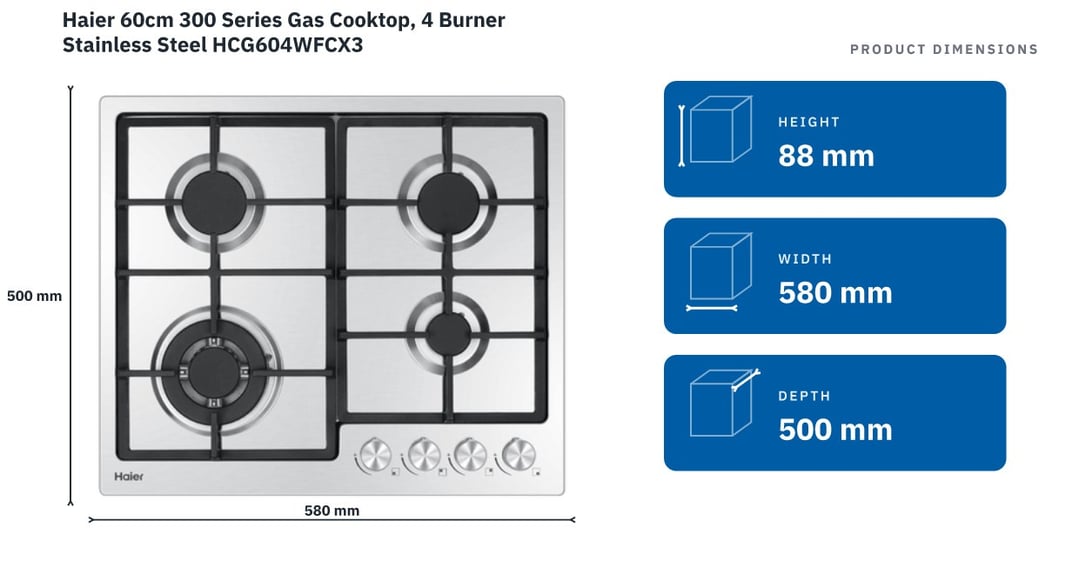 Haier 60cm 300 Series Gas Cooktop, 4 Burner Stainless Steel HCG604WFCX3 — product dimensions