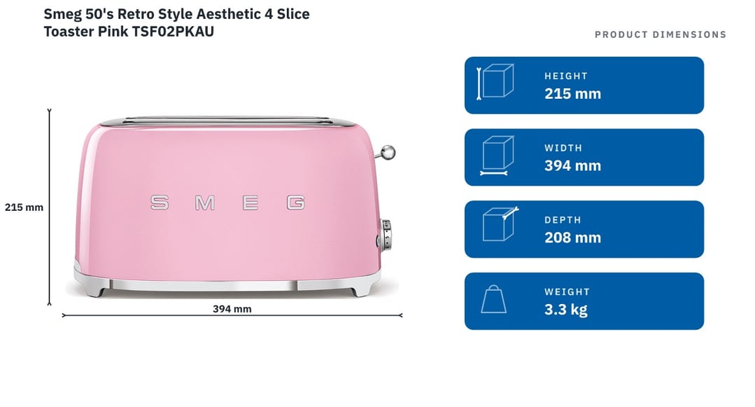 Smeg 50's Retro Style Aesthetic 4 Slice Toaster Pink TSF02PKAU — product dimensions