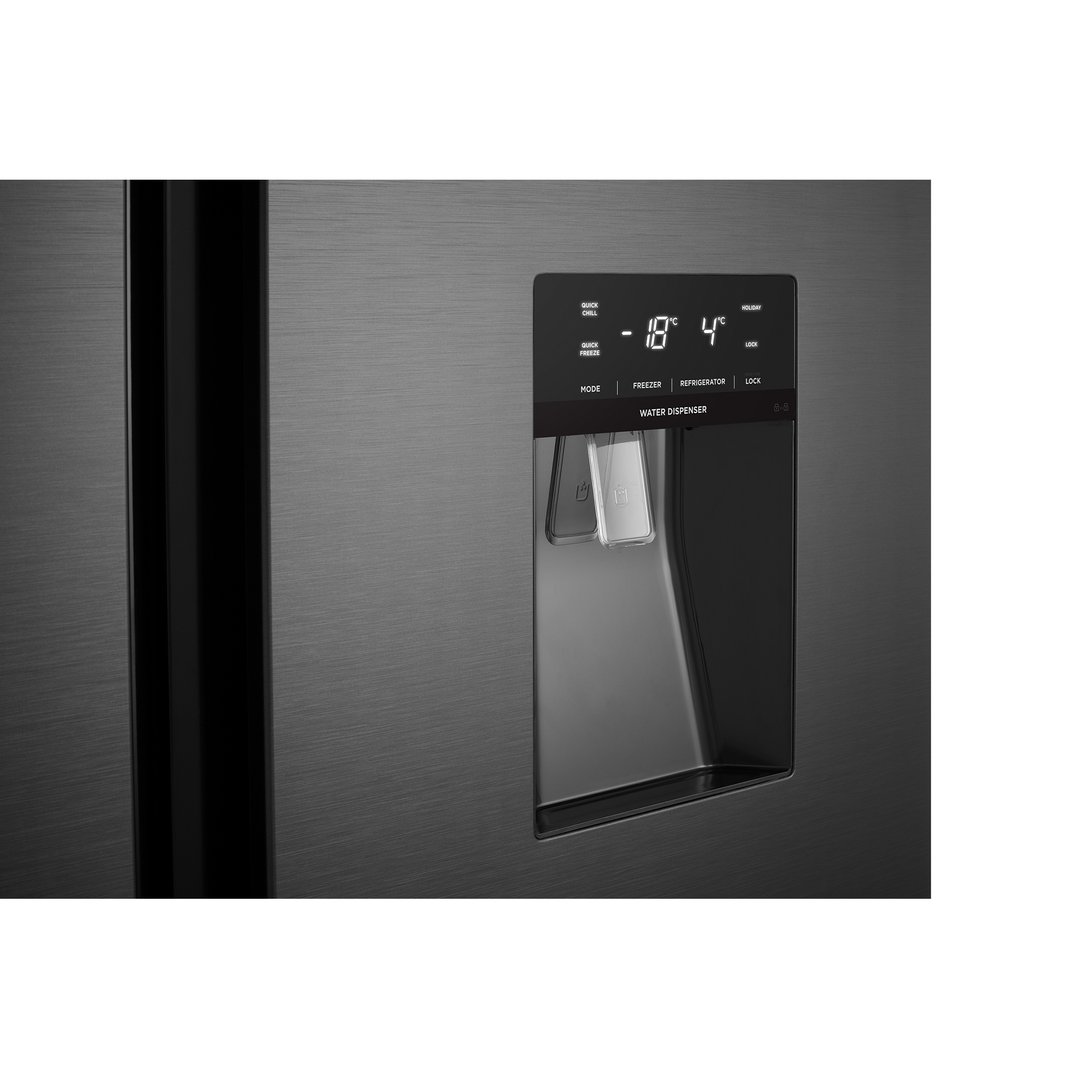 Close up of a dark side by side refrigerator with a water dispenser