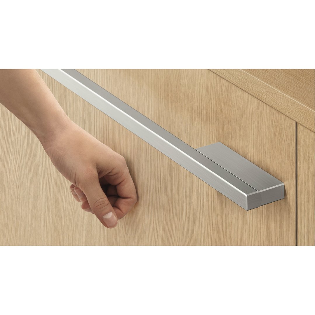 Hand opening the integrated DishDrawer dishwasher in a wooden kitchen
