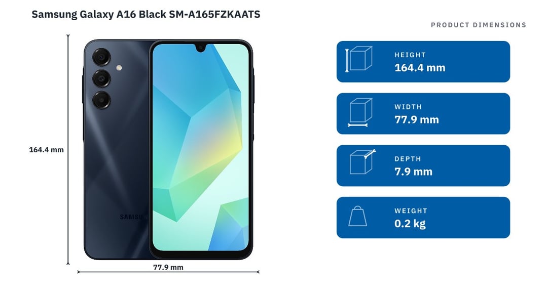 Samsung Galaxy A16 Black SM-A165FZKAATS — product dimensions