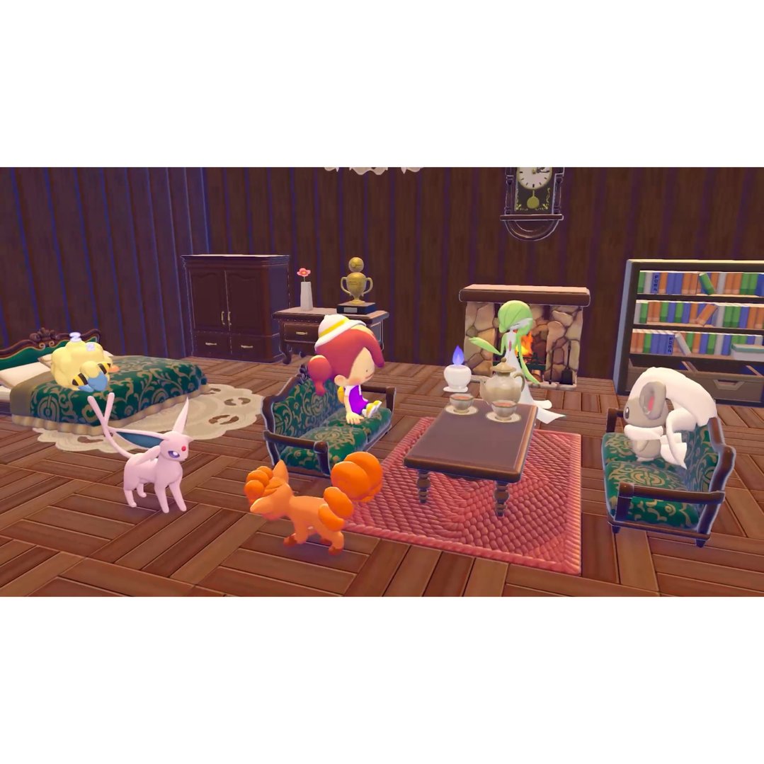Pokemon Pokopia characters and creatures in a cozy room with furniture and fireplace.