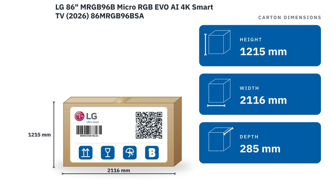 LG 86" MRGB96B Micro RGB EVO AI 4K Smart TV (2026) 86MRGB96BSA — packaged dimensions