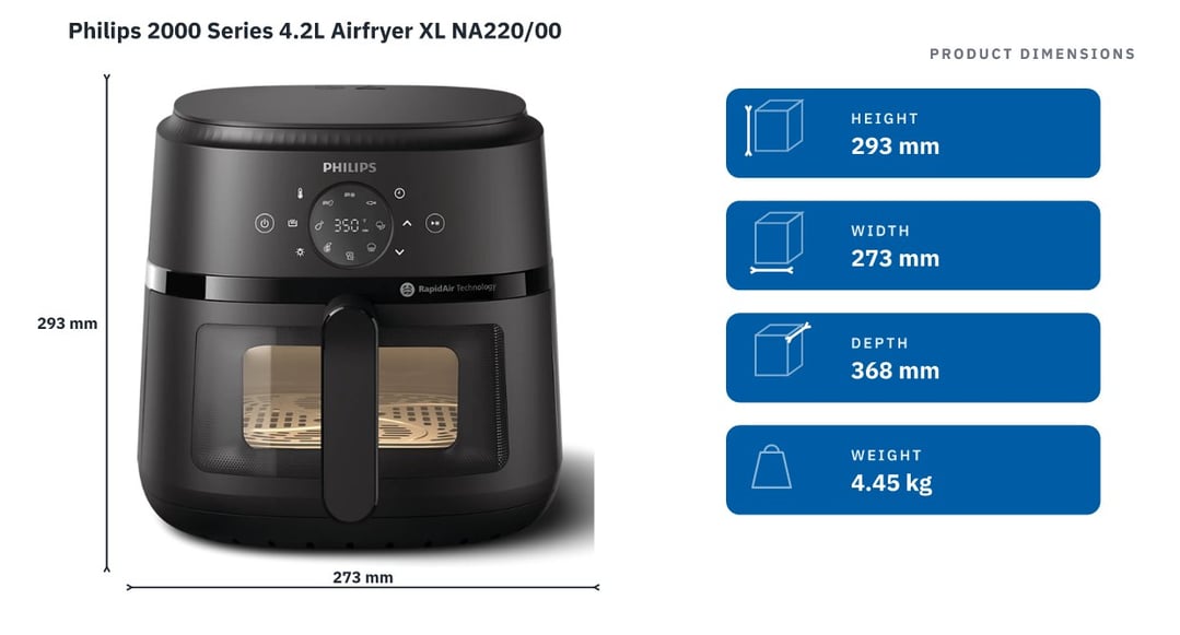 Philips 2000 Series 4.2L Airfryer XL NA220/00 — product dimensions
