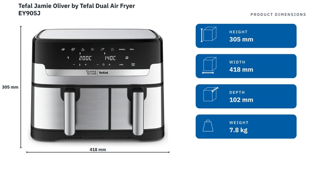 Tefal Jamie Oliver by Tefal Dual Air Fryer EY905J — product dimensions