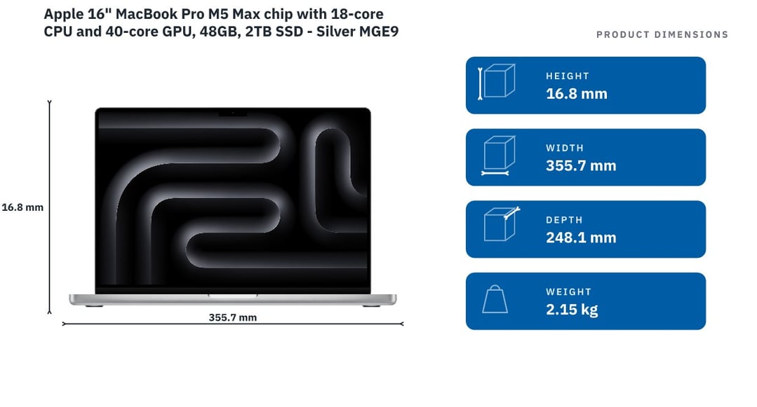 Apple 16" MacBook Pro M5 Max chip with 18‑core CPU and 40‑core GPU, 48GB, 2TB SSD - Silver MGE94X/A