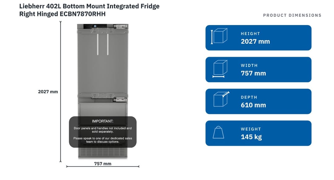 Liebherr 402L Bottom Mount Integrated Fridge Right Hinged ECBN7870RHH