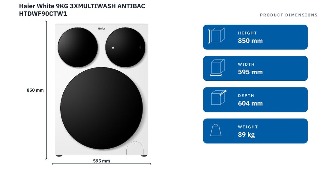 Haier White 9KG 3XMULTIWASH ANTIBAC HTDWF90CTW1 — product dimensions