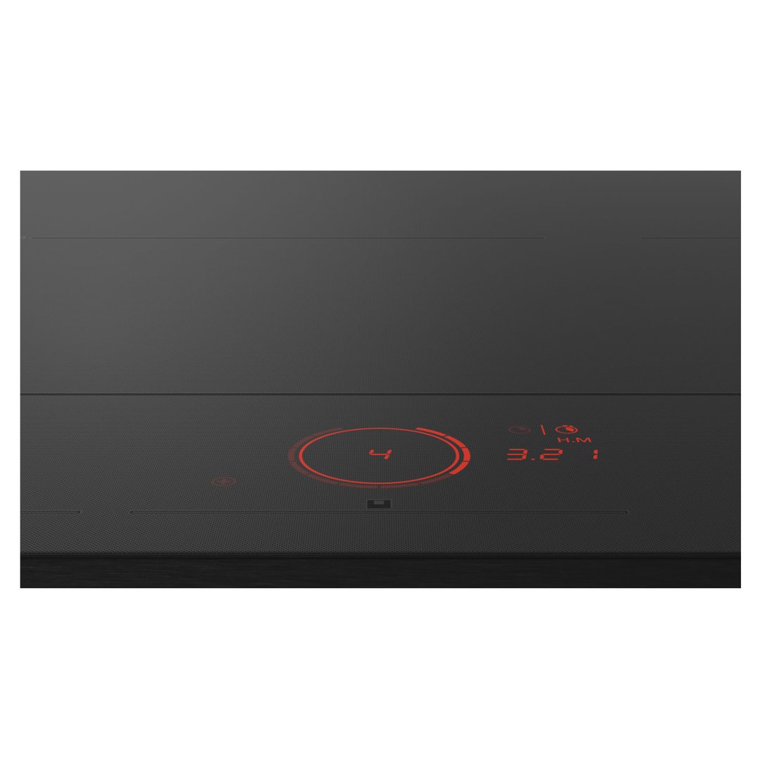 Close up of an induction cooktop with red illuminated controls