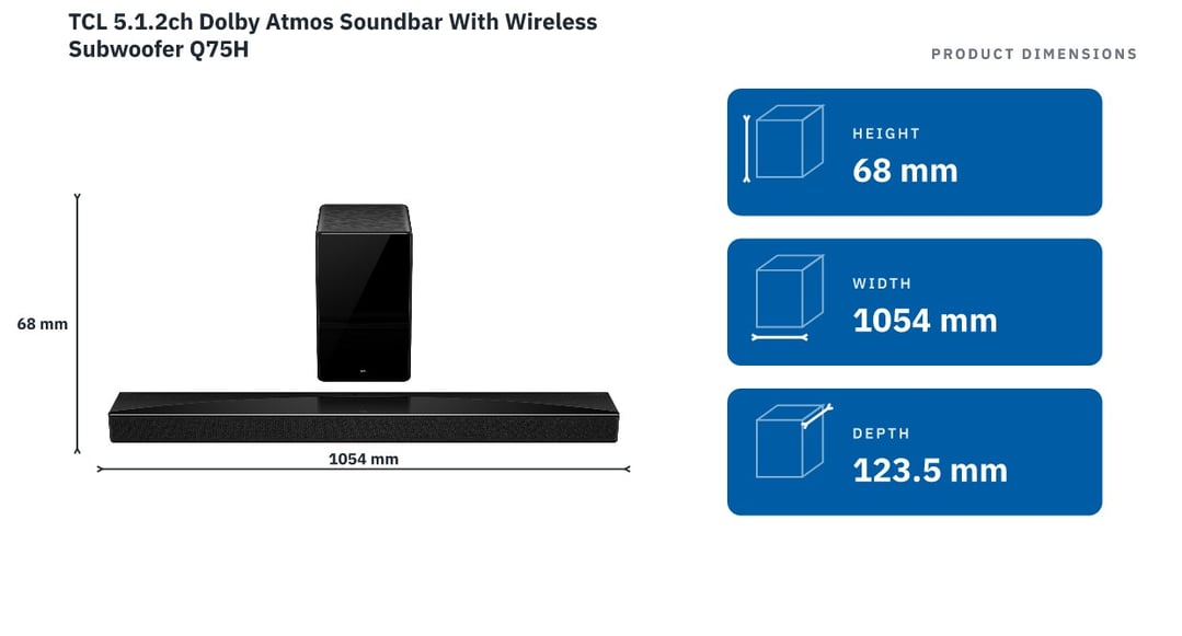 TCL 5.1.2ch Dolby Atmos Soundbar With Wireless Subwoofer Q75H — product dimensions