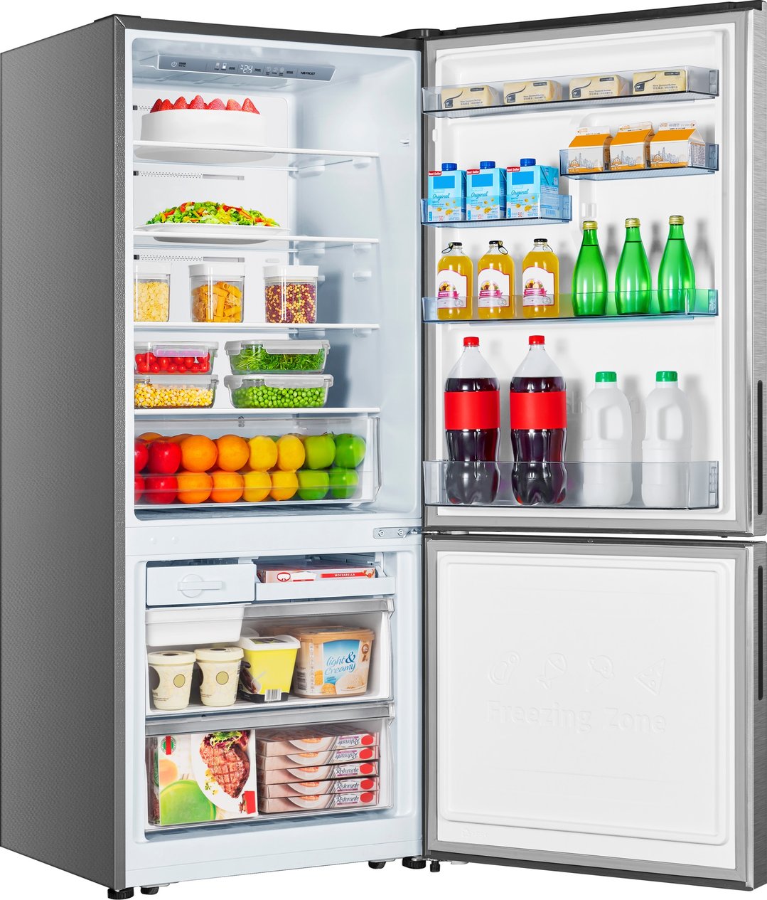 An open Hisense 417L Bottom Mount Fridge filled with food and drinks