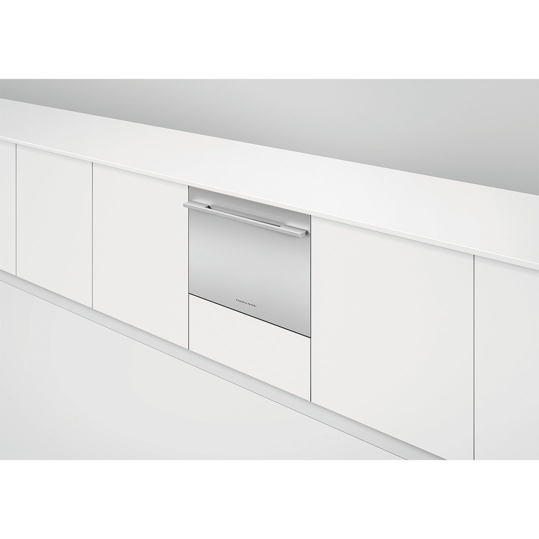 Integrated Tall Single DishDrawer Dishwasher built into white kitchen cabinetry