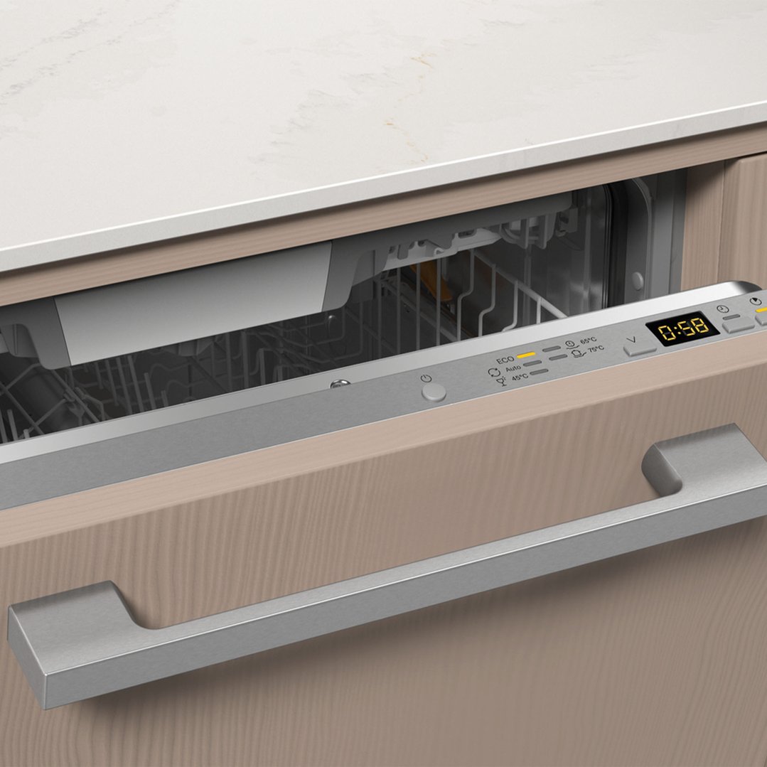 Partially open integrated dishwasher with digital display showing 0:58