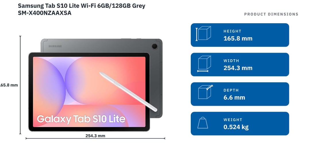 Samsung Tab S10 Lite Wi-Fi 6GB/128GB Grey SM-X400NZAAXSA — product dimensions