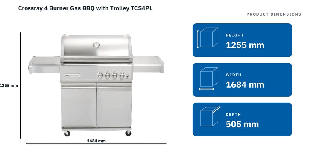 Crossray 4 Burner Gas BBQ with Trolley TCS4PL — product dimensions
