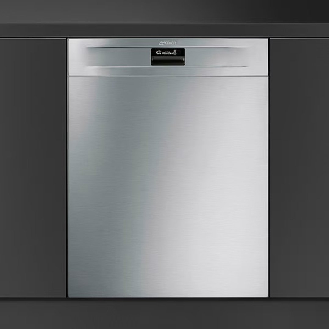 Stainless steel dishwasher built into dark grey kitchen cabinetry