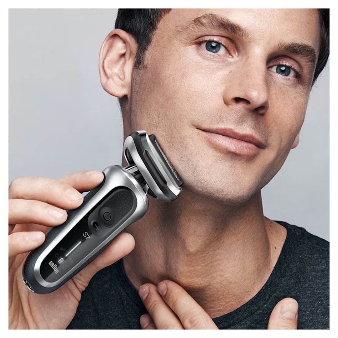 Man shaving his face with a Braun Series 7 shaver