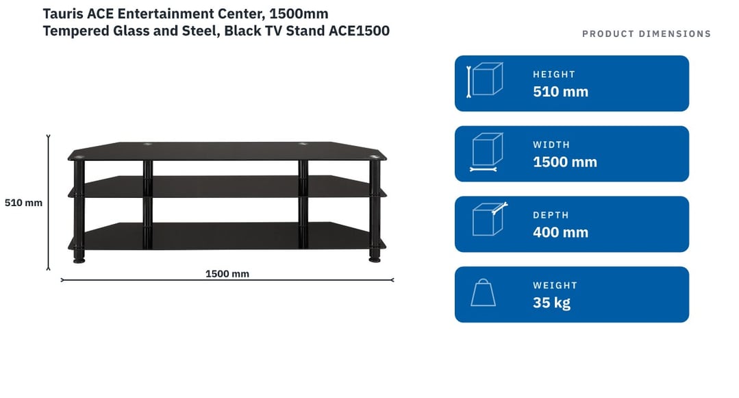 Tauris ACE Entertainment Center, 1500mm Tempered Glass and Steel, Black TV Stand ACE1500