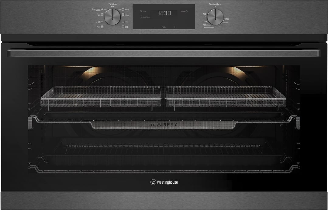 Westinghouse 90cm multi-function 8 dark stainless steel oven with Air Fry, twin fan, and 125L WVE9516DD