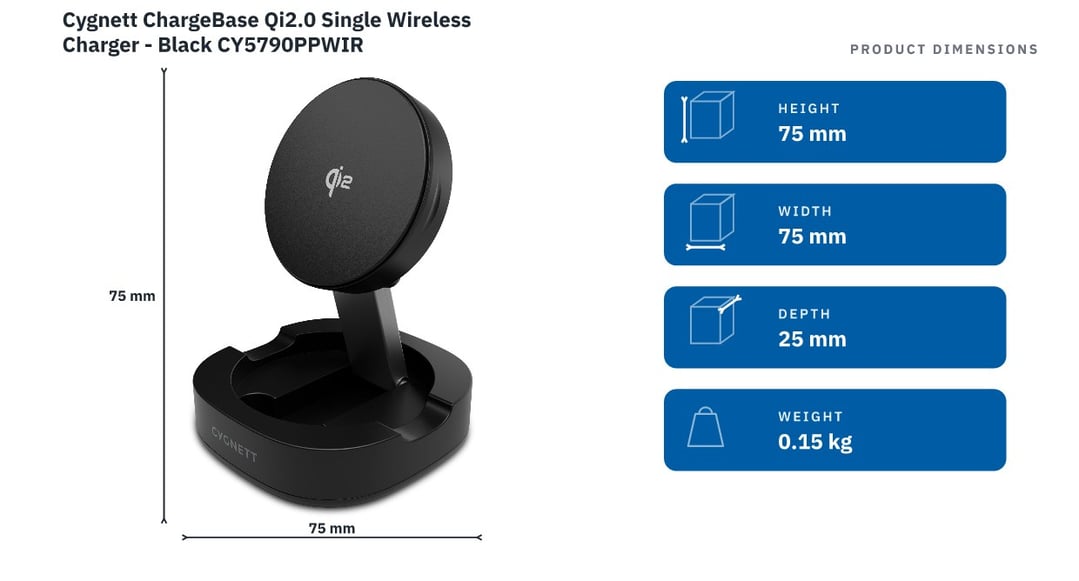 Cygnett ChargeBase Qi2.0 Single Wireless Charger - Black CY5790PPWIR — product dimensions