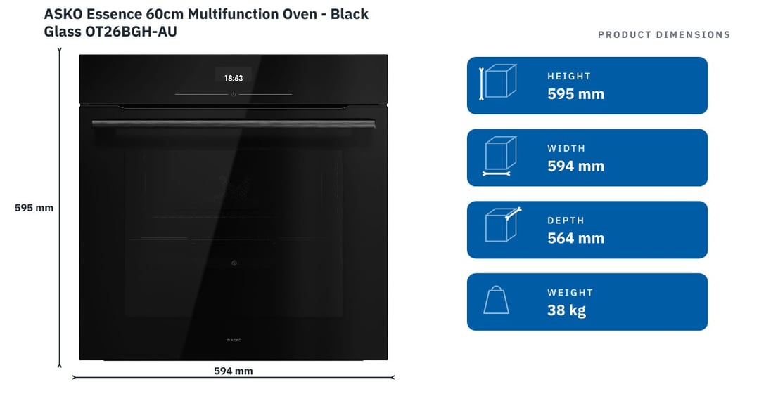 ASKO Essence 60cm Multifunction Oven - Black Glass OT26BGH-AU — product dimensions