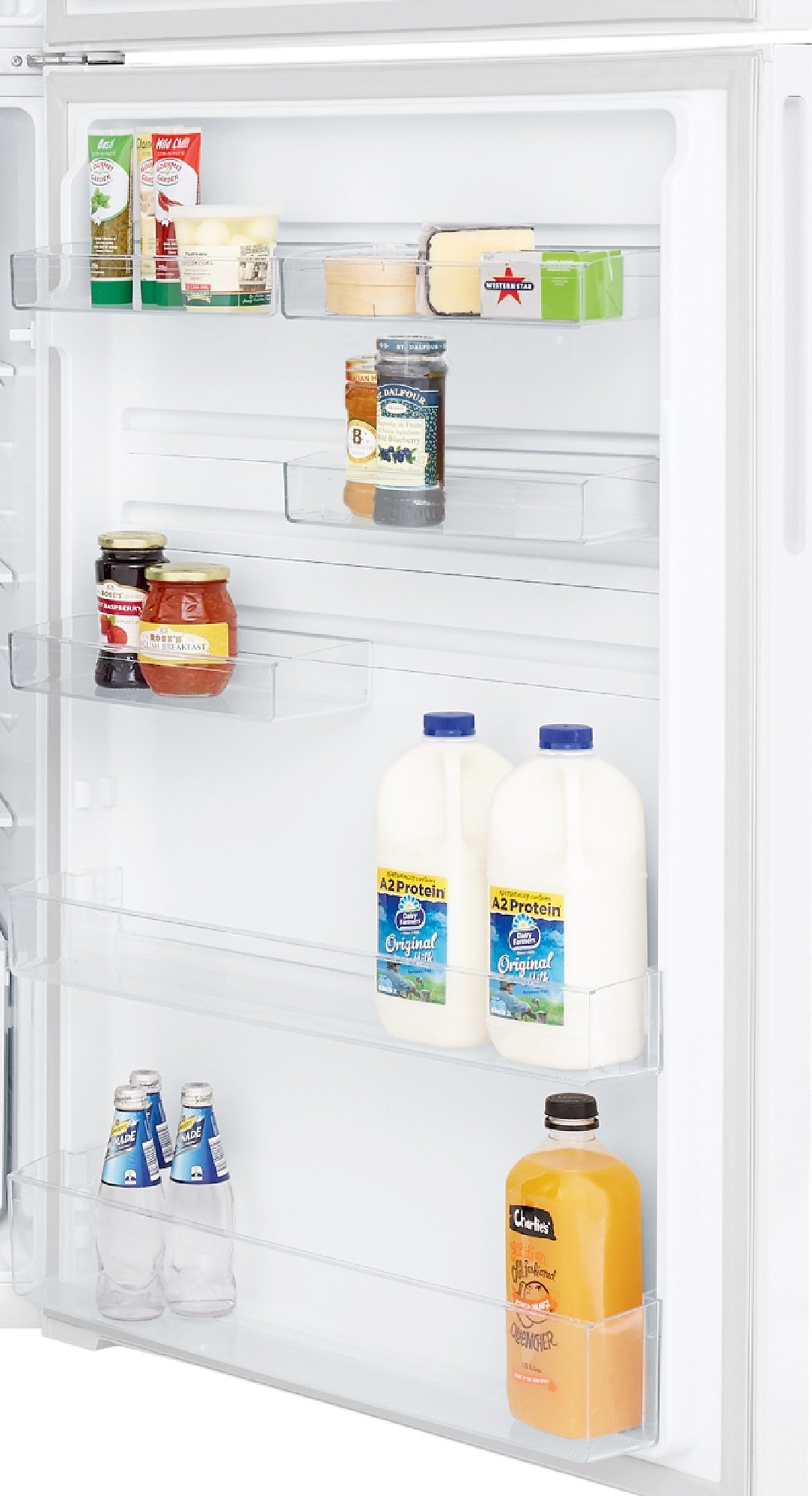 Open fridge door showing various food items on shelves and in door bins